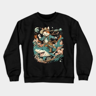 Cat Riding Shark Underwater Odyssey Crewneck Sweatshirt